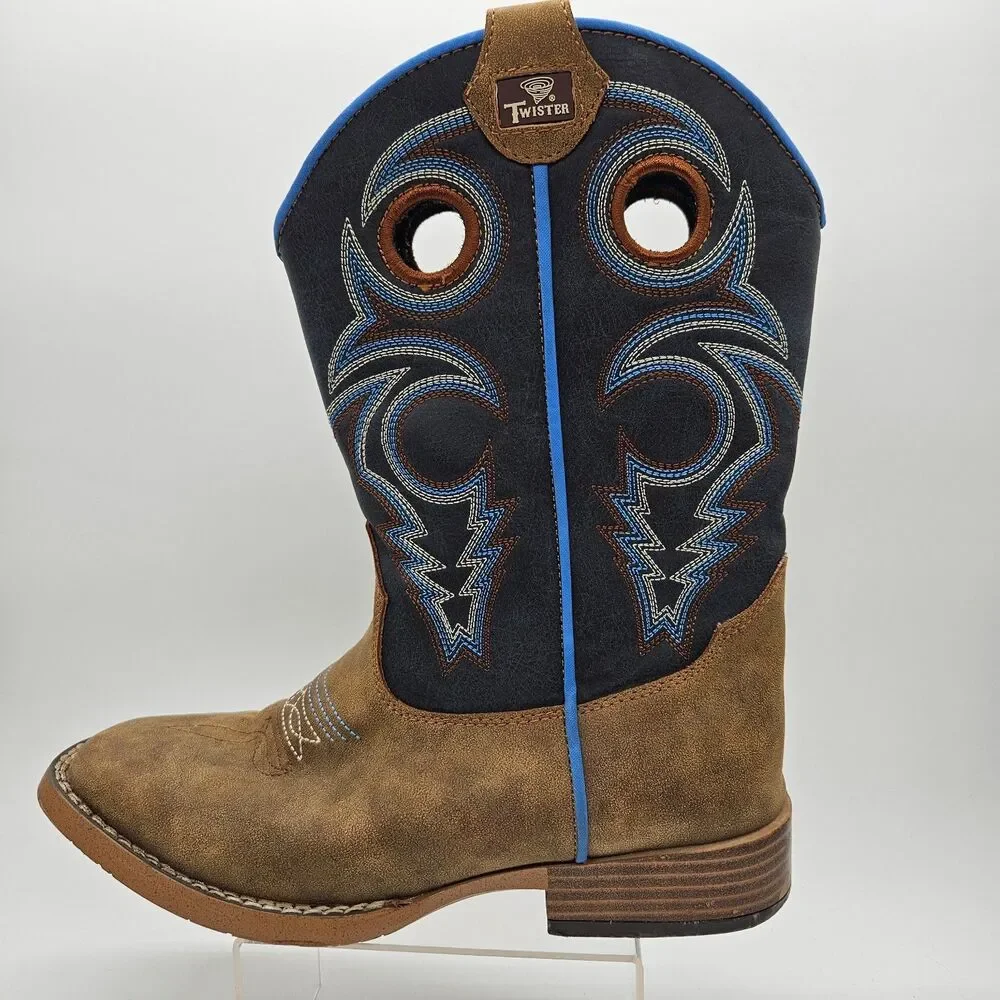 Twister Kids' Size 3 Square-Toe Brown & Blue Cowboy Western Boots Toddler